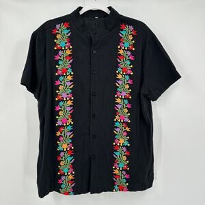 Mens Embroidered Floral Shirt Size L Resort Vacation Cruise Button Short‎ Sleeve